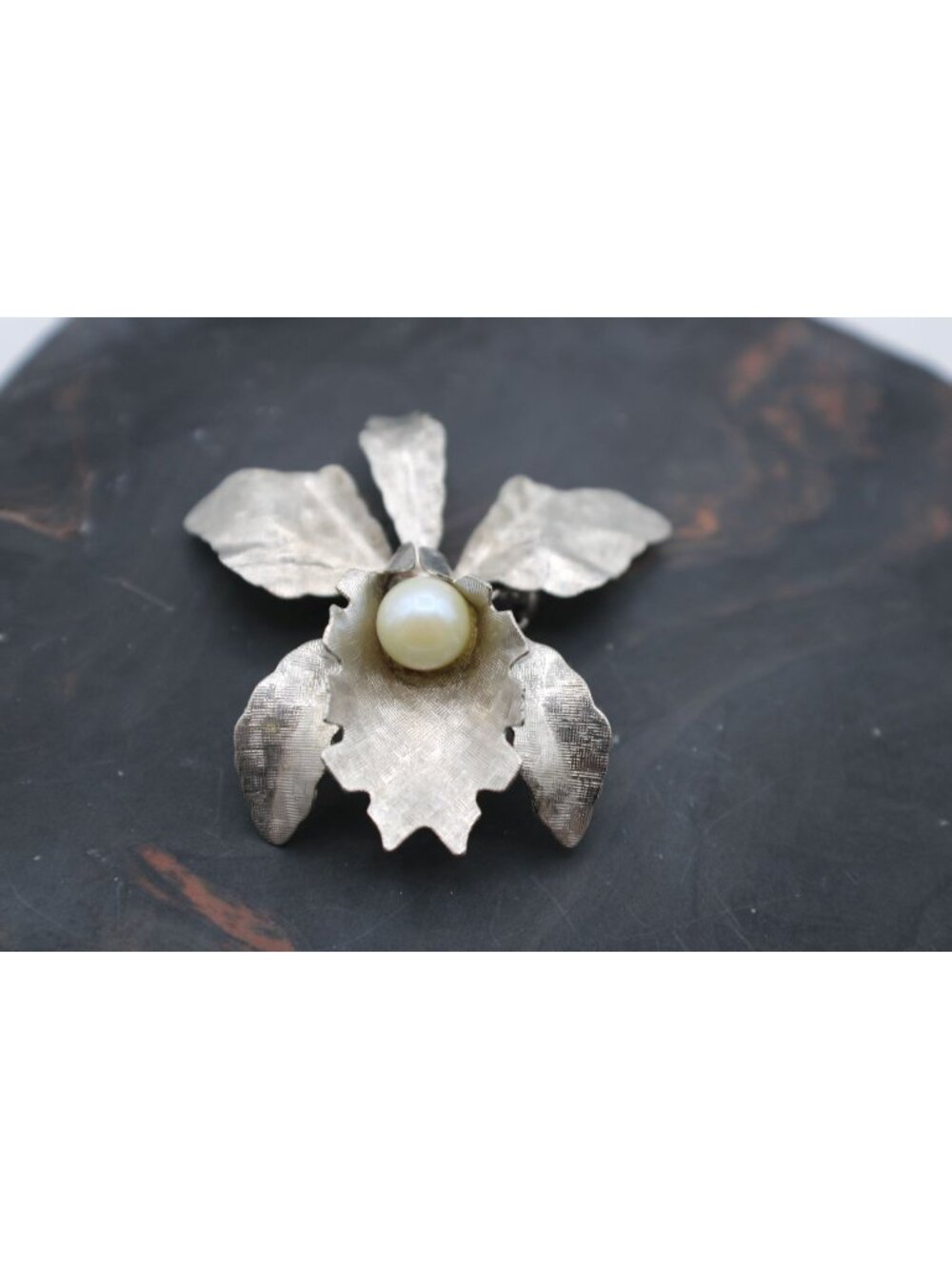Vintage Silver Orchid Flower Brooch Faux Pearl Center 2" Lapel Hat Floral Jewelr